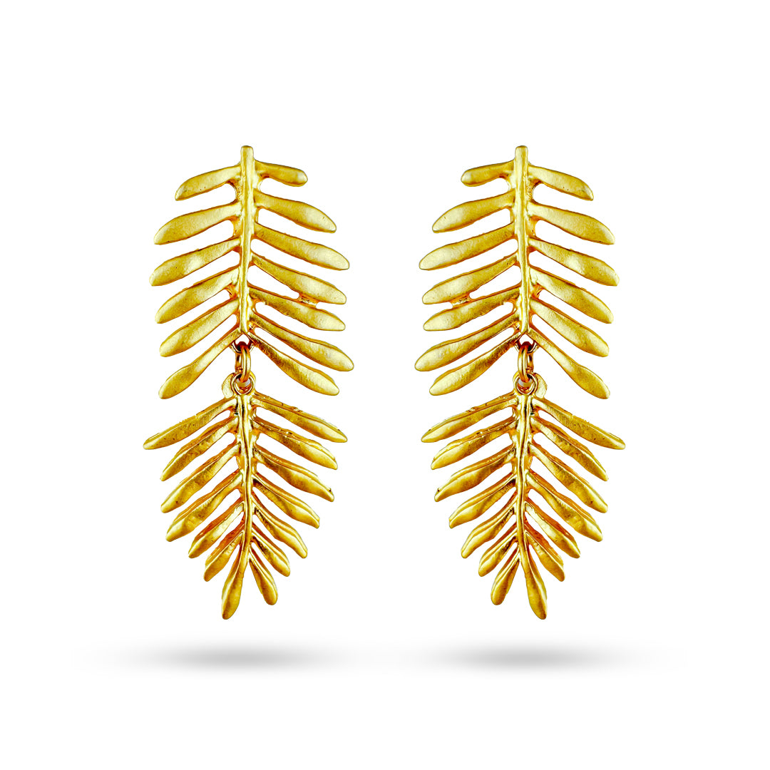 Boucles d'oreilles pendantes fougère dorée